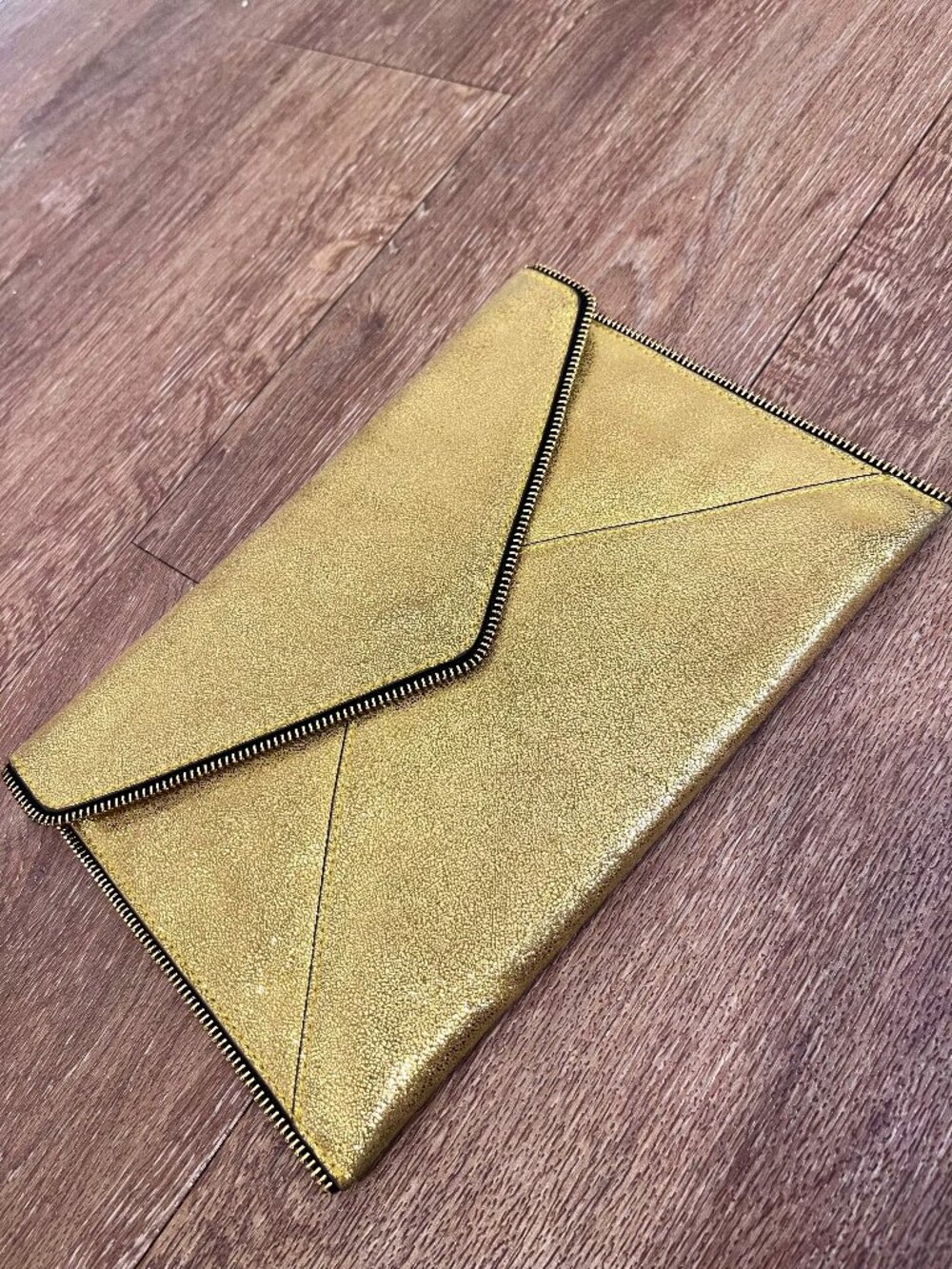 Rebecca Minkoff Gold Metallic Leo Envelope Clutch Zipper Trim Purse
